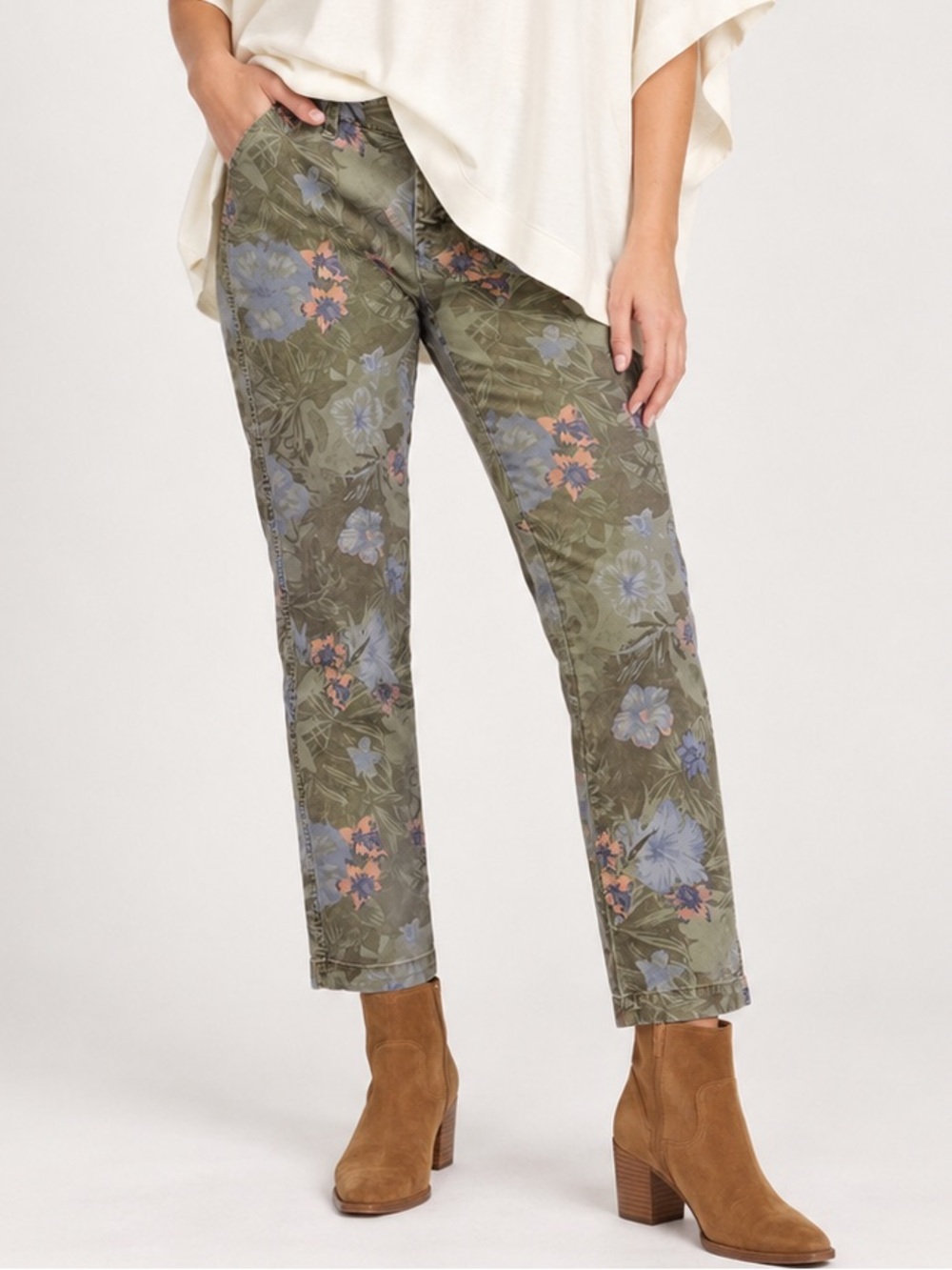 GAP Floral Chino Pants Olive Botanical Straight Leg Cotton Stretch Size 4
